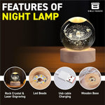 Solar System Crystal Night Lamp with Wooden Base & USB Charging